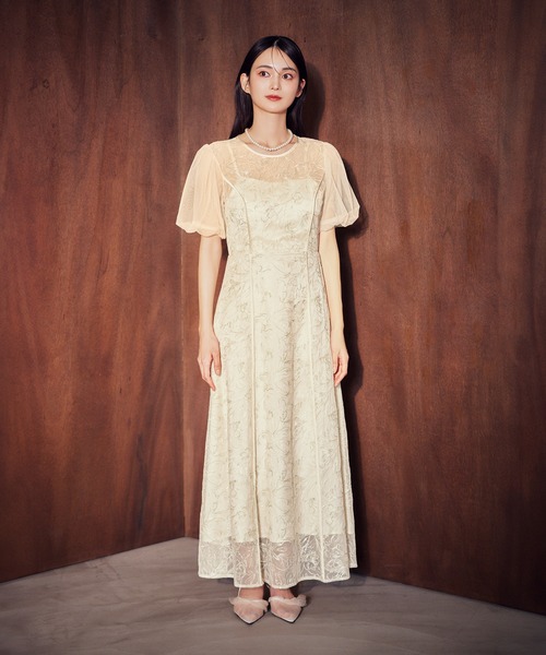 【新品】結婚式 お呼ばれ 二次会 シャイニーチュールパフスリーブドレス チュールパフスリーブ刺繍レースドレス 結婚式 成人式 二次会