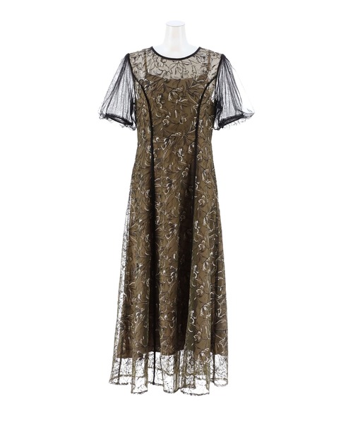 Leja パフスリーブレースドレス　オケージョン　お呼ばれ　2次会　結婚式 GIRL DRESS FOR NOW ドレス レース切替えパフスリーブ フレア