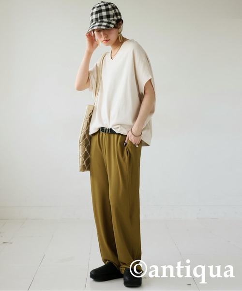 tシャツ コーデ2点セット シュッと美トップス　接触冷感パンツ レディース antiqua tシャツ コーデ2点セット シュッと美トップス 接触冷感