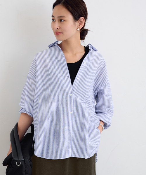 ブラウス シャツ コンフォート・コットン/テンセル・シャツ、長袖　プリント ジャパン・フィット レディース Gymphlex｜【30%OFF】レギュラーカラー 長袖ショートシャツ