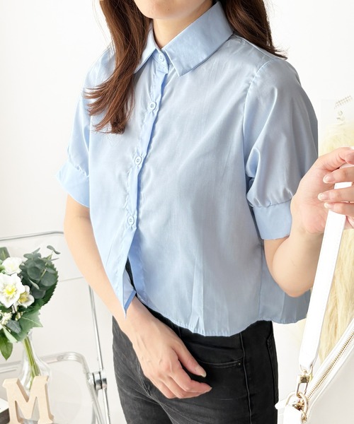 Dewlily ブラウス シャツ 半袖 背中にタックを効かせて後ろ姿まで