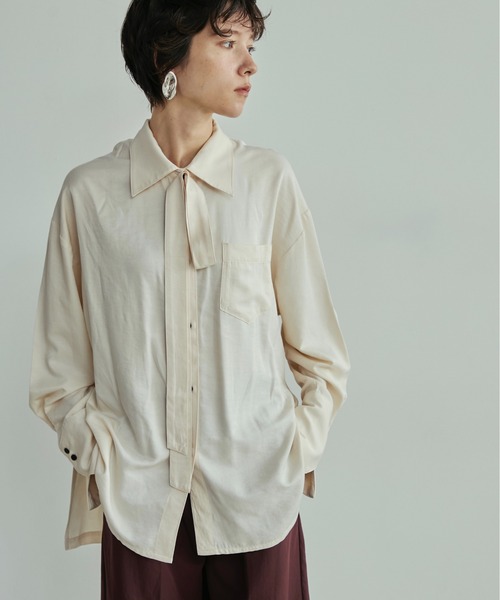 LOSCa ブラウス シャツ シルキーボウタイオーバーシャツ レディース