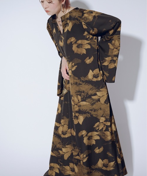 「Ezick」 長袖ワンピース FREE ホワイト×グレー レディース_画像2