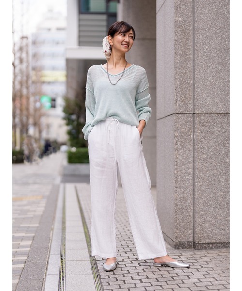 パンツ ゲッタウェイ ストレート レッグ プルオン リネン パンツ レディースの画像