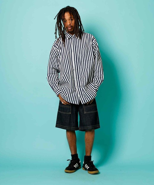 「BURLAP OUTFITTER」 長袖シャツ MEDIUM ホワイト×ネイビー メンズ_画像3