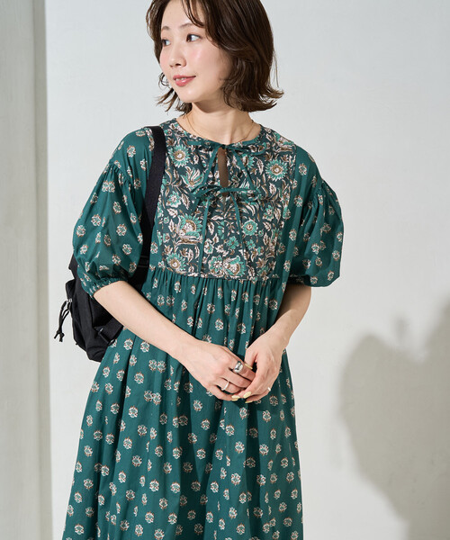 美品♡ヌキテパ フラワープリント 花柄 マキシ丈ワンピース ドッキング 切替 Cotton Stripe Wave Flower Foil Print Dress | Pasand by ne Quittez