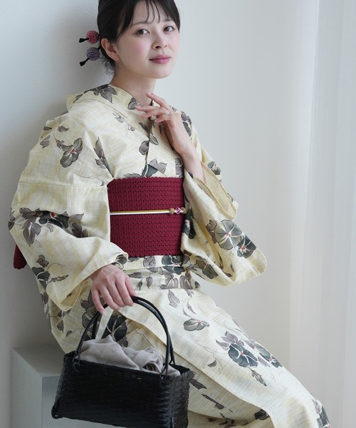 utatane 浴衣 浴衣3点セット 綿麻 先染めベージュ こぼれる朝顔