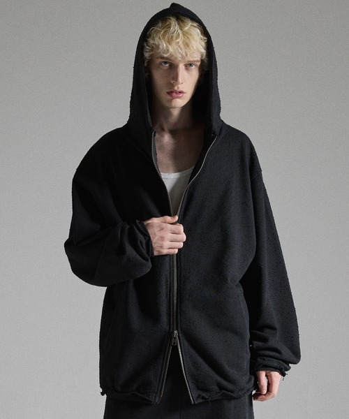 コ*ウ様 grancyジップパーカー ブラック GRANCY パーカー 「GRANCY」Distressed Stand Neck Zip Hoodie
