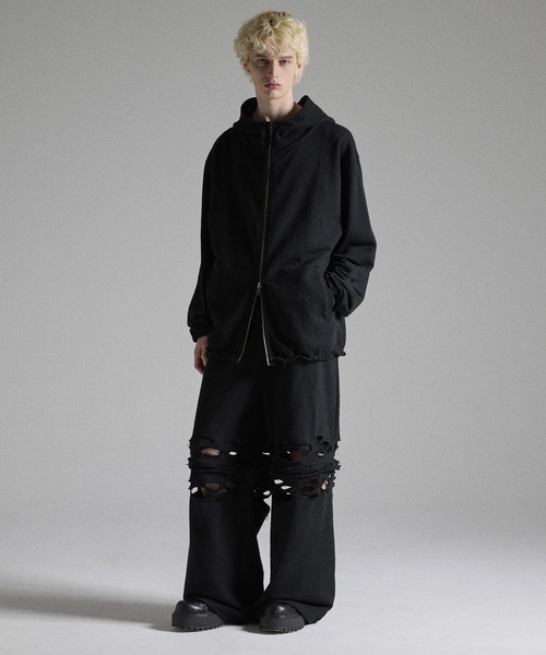 GRANCY パーカー 「GRANCY」Distressed Stand Neck Zip Hoodie