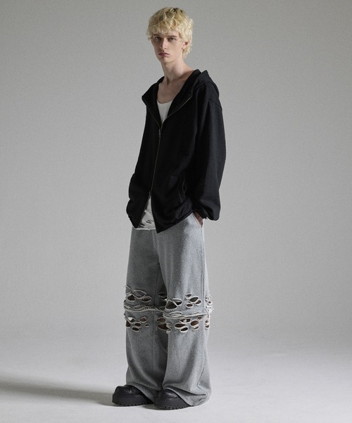 GRANCY パーカー 「GRANCY」Distressed Stand Neck Zip Hoodie