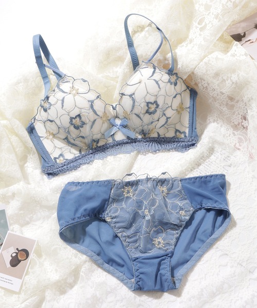花柄レース ブラジャーショーツセット 青 AMPHI(ワコール) ブラジャー ショーツセット 「まる胸メイク」ブラ