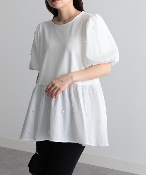 tシャツ 「接触冷感」パール調ビーズ使いペプラムブラウス レディース