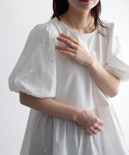 tシャツ 「接触冷感」パール調ビーズ使いペプラムブラウス レディース RANAN tシャツ 「接触冷感」パール調ビーズ使いペプラムブラウス