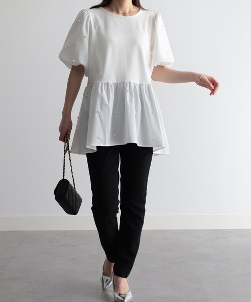 tシャツ 「接触冷感」パール調ビーズ使いペプラムブラウス レディース RANAN tシャツ 「接触冷感」パール調ビーズ使いペプラムブラウス