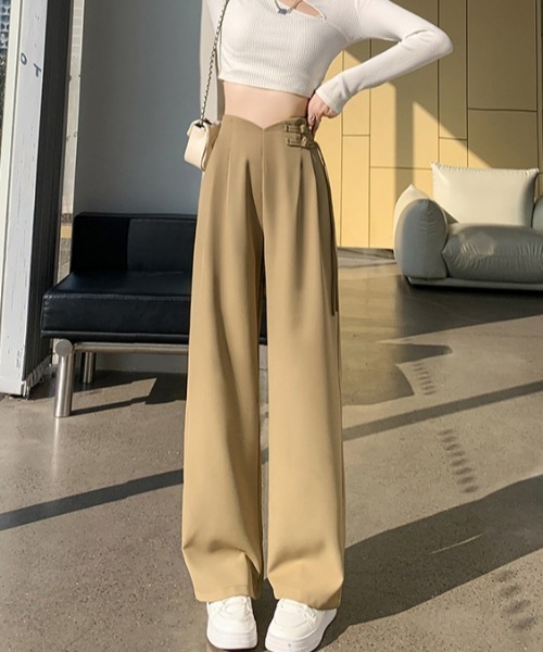 パンツ スラックス チャイナ風デザインベルトタックワイドパンツ「洗濯  