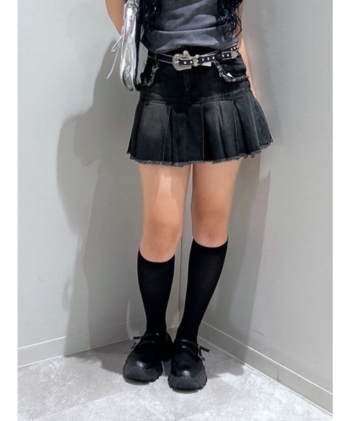 プリーツ デニムスカート ミニ フリンジ ヴィンテージ ハトメ デニムスカート プリーツヘムフリンジデニムミニスカート