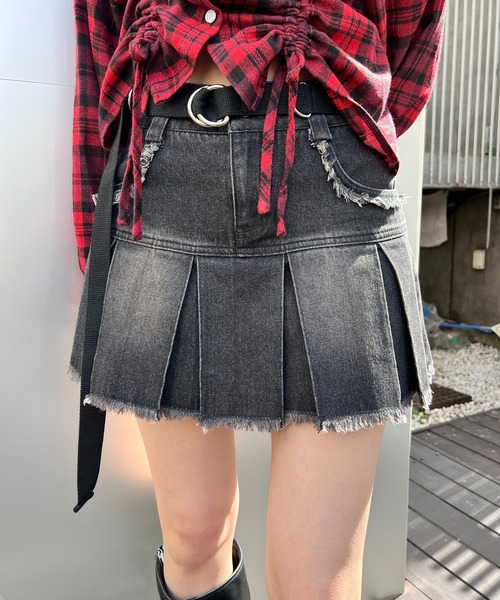 【美品used】D&G デニムミニスカート フリンジヘム インパン裏地付き 】ヴィンテージタックプリーツ切替デニムミニ