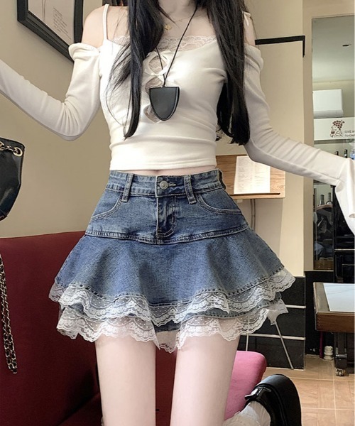 デニムスカート ティアード 裾レース デニム ミニスカート