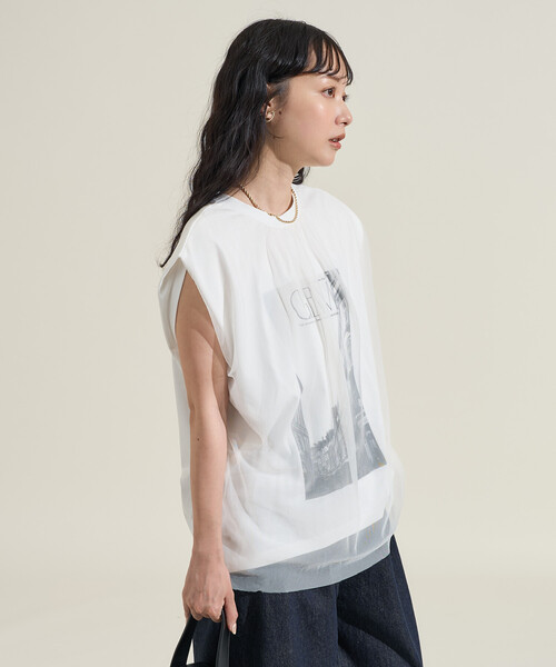 【未使用タグ付き】　チュールノースリーブトップス 　ホワイト FREAK'S STORE（フリークスストア） tシャツ チュールドッキング