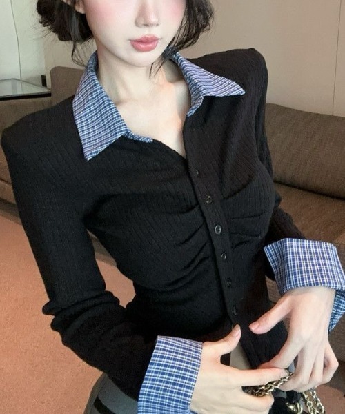SHEENA（シーナ） tシャツ チェックシャツドッキングギャザートップス