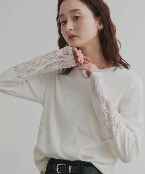 アドーア カットソー シャツ トップス半袖オフショルダーラメ レディース 38サイズ ホワイト ADORE ad thie（アドティエ） tシャツ 袖切替ラメシアー レース アソート