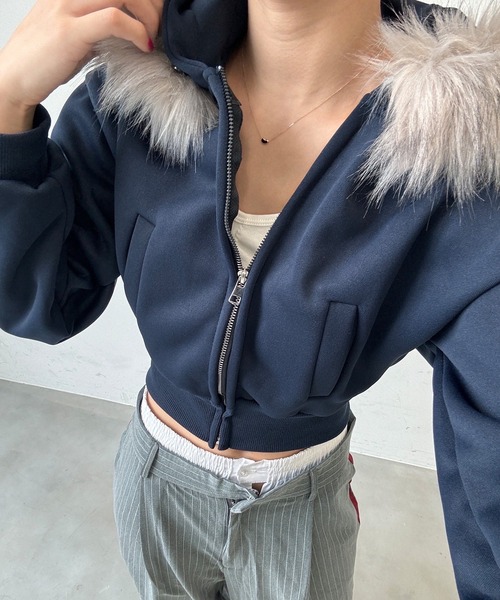 SEN TOKYO パーカー ファーフードクロップドジップアップパーカー