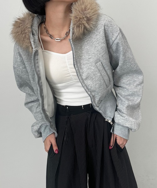 SEN TOKYO パーカー ファーフードクロップドジップアップパーカー