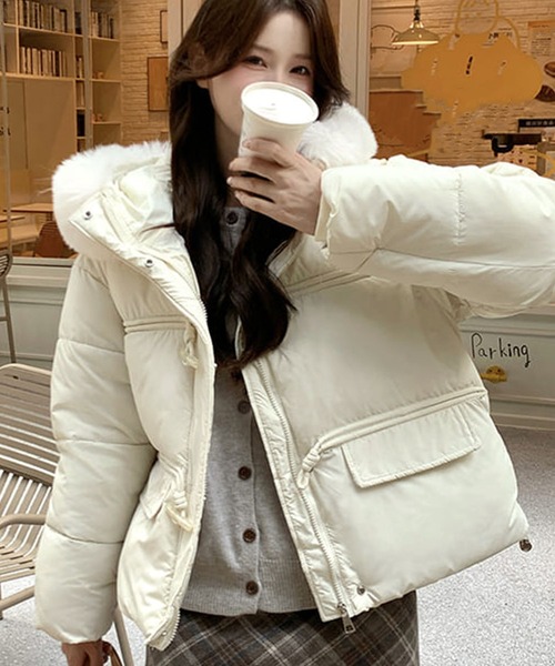 コート アウター フェイクファー付きフードショート丈中綿ジャケット