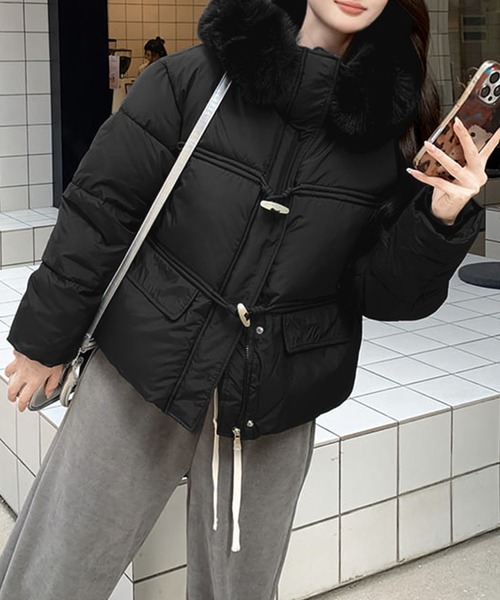 コート アウター フェイクファー付きフードショート丈中綿ジャケット