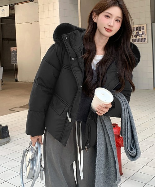 コート アウター フェイクファー付きフードショート丈中綿ジャケット
