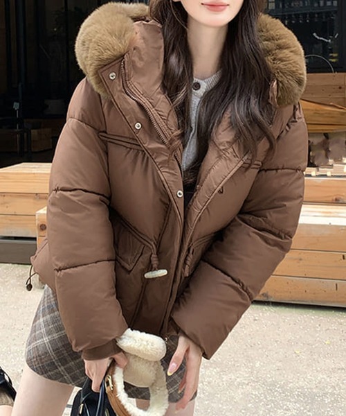 コート アウター フェイクファー付きフードショート丈中綿ジャケット