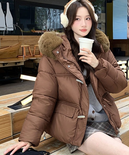 コート アウター フェイクファー付きフードショート丈中綿ジャケット