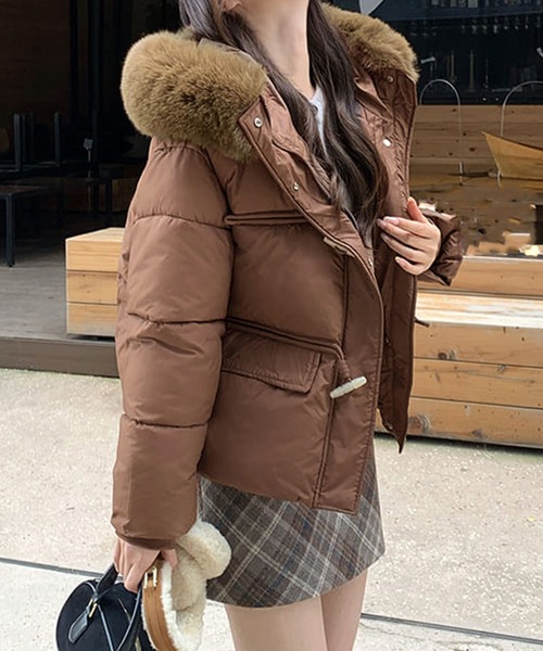 コート アウター フェイクファー付きフードショート丈中綿ジャケット