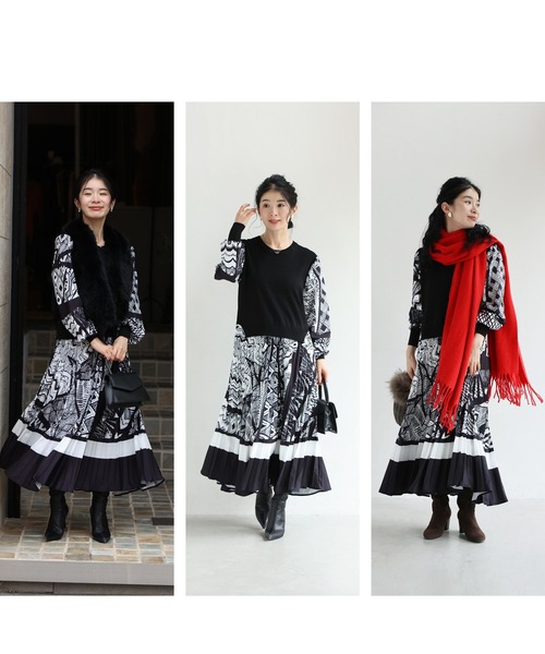 cawaii ワンピース （黒）モノトーンなアートが広がるドッキングニット