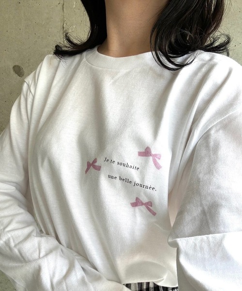 tシャツ ガーリーリボンプリントロンT／長袖Tシャツ レディース