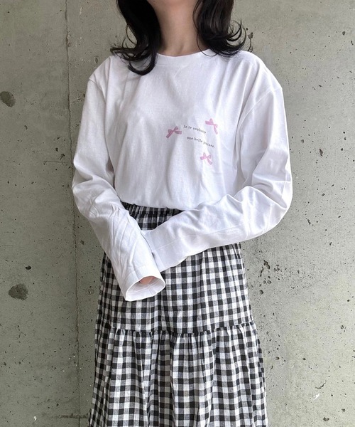 tシャツ ガーリーリボンプリントロンT／長袖Tシャツ レディース