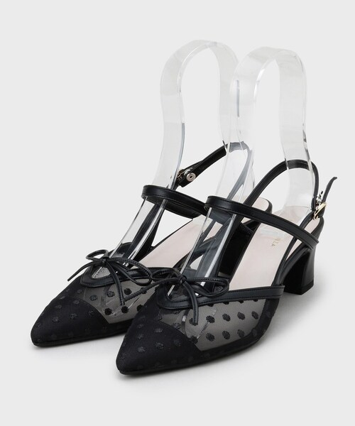 パンプス チュールリボンバックストラップパンプス