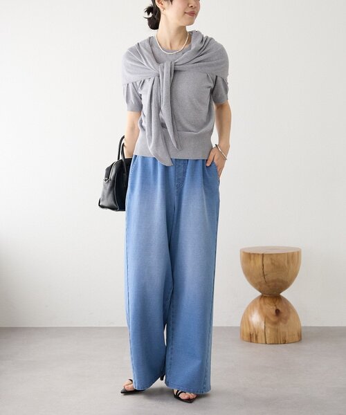 ジーンズ デニム デニムパンツ 「A・MONN」「ウエストゴム/ドロスト紐付き」フェイクデニムイージーパンツ レディースの画像