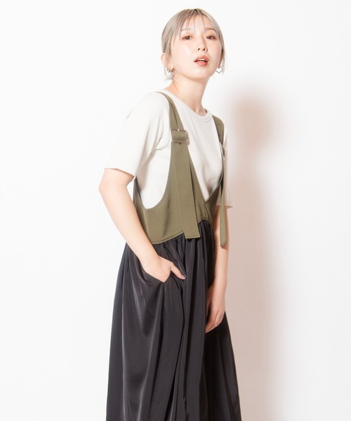 ワンピース ギャザーサロペットワンピースの画像