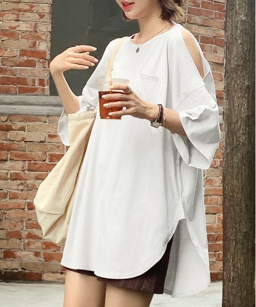 LGB 肩出し半袖カットソー ad thie（アドティエ） tシャツ 肩出し ラウンドヘム ビックシルエット