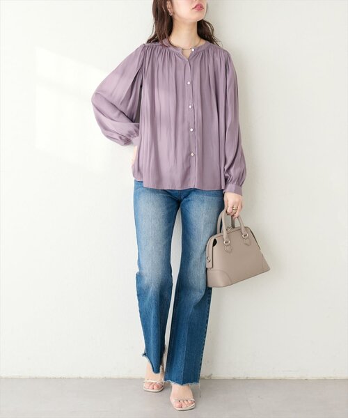 natural couture ブラウス シャツ マット釦とろみサテンブラウス