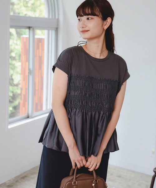 tシャツ 異素材シャーリング フレンチ プルオーバー レディース