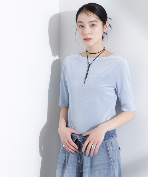 tシャツ シアーベロアバックオープン5分袖Tシャツ レディース