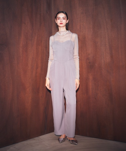 2WAY ラメプリーツ ロングフレアドレス ツーピース セットアップ ハイネック グリッター キラキラ ノースリーブ レイヤード エレガント darial（ダリアル） パンツドレス 「darial」2way lame set up 2点