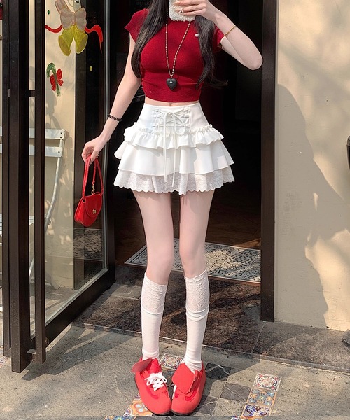 スカート 「HOOK」for girls レース切替フリルティアードミニスカート