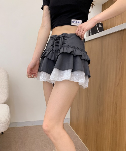 スカート 「HOOK」for girls レース切替フリルティアードミニ