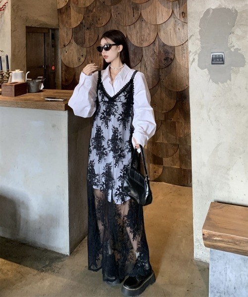 Y2K レース ロング ワンピース シャツ風 ホワイト 可愛い gossip!ロサンゼルス ワンピース Y2Kヴィンテージ風 Vネック