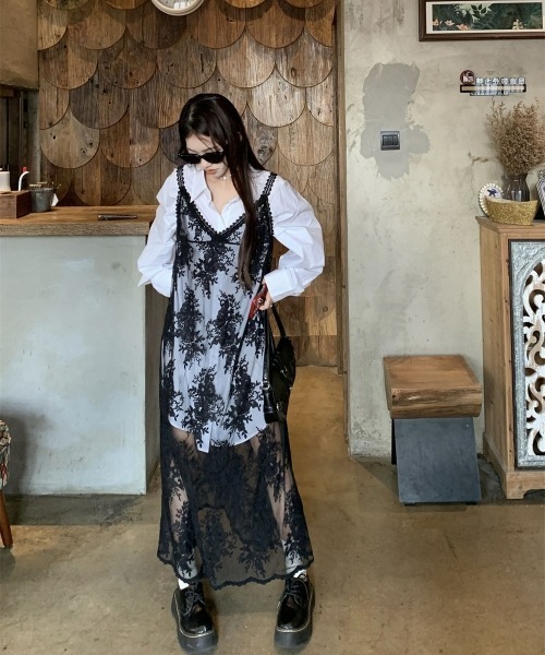 Y2K レース ロング ワンピース シャツ風 ホワイト 可愛い gossip!ロサンゼルス ワンピース Y2Kヴィンテージ風 Vネック