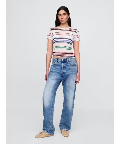 GAP tシャツ シアー ボーダー リブTシャツ レディース
