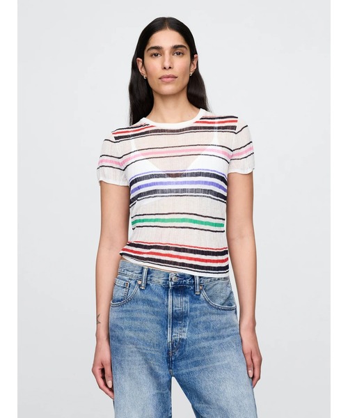 tシャツ シアーボーダーTシャツ レディース GAP tシャツ シアー ボーダー リブTシャツ レディース